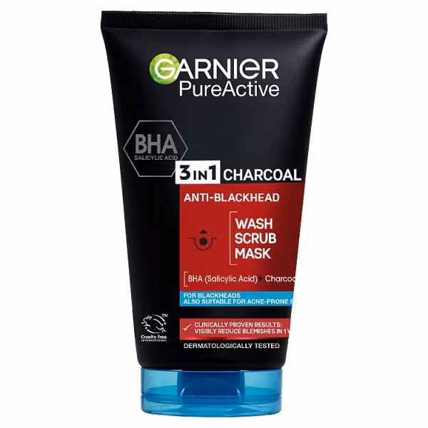 Garnier Pure Active 3in1 Charcoal Blackhead Mask Wash Scrub 150ml